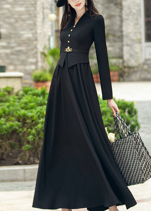 Black V Neck Patchwork Slim Fit Spandex Long Dresses Fall