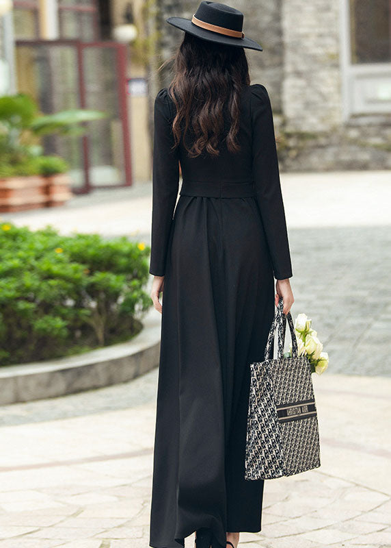 Black V Neck Patchwork Slim Fit Spandex Long Dresses Fall