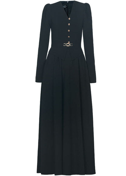 Black V Neck Patchwork Slim Fit Spandex Long Dresses Fall