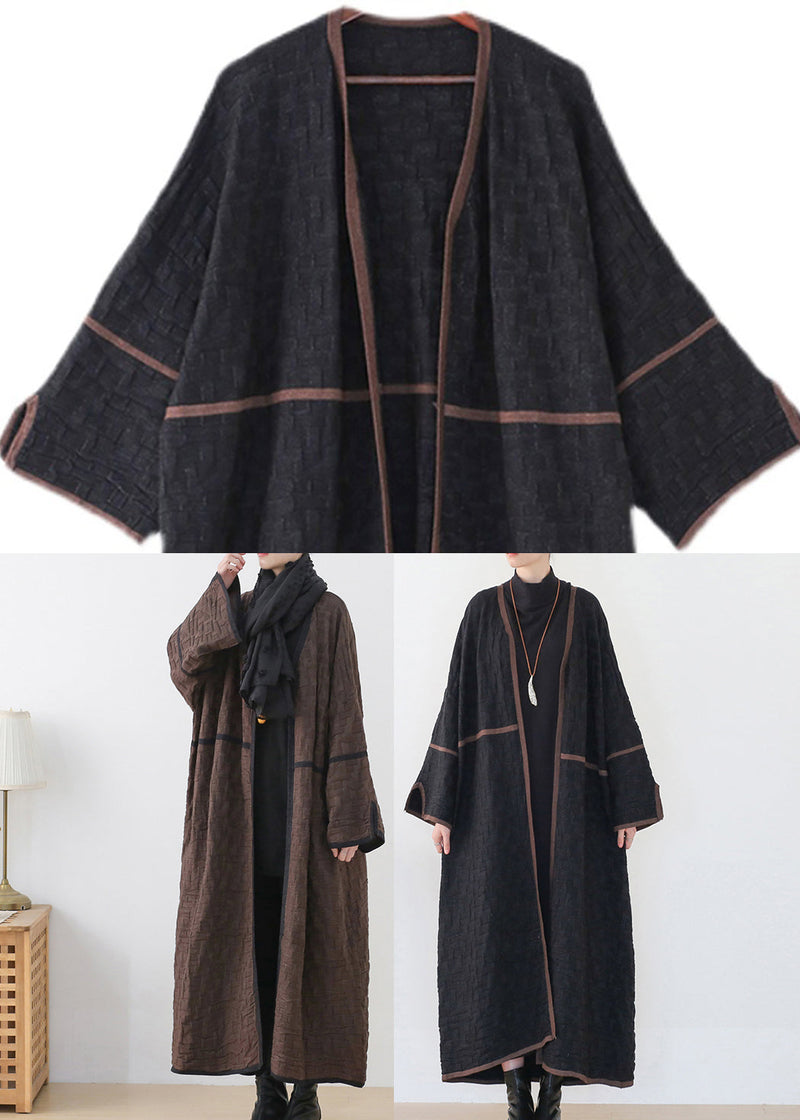 Black V Neck Patchwork Woolen Trench Coats Long Sleeve
