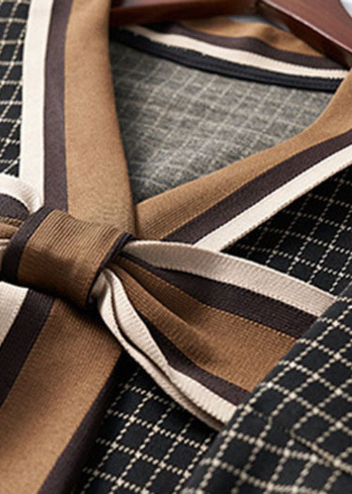 Black V Neck Plaid Bow Dresses Spring