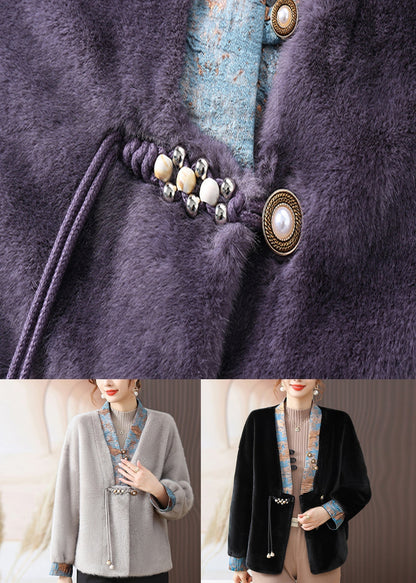 Black V Neck Pockets Patchwork Mink Hair Coats Fall