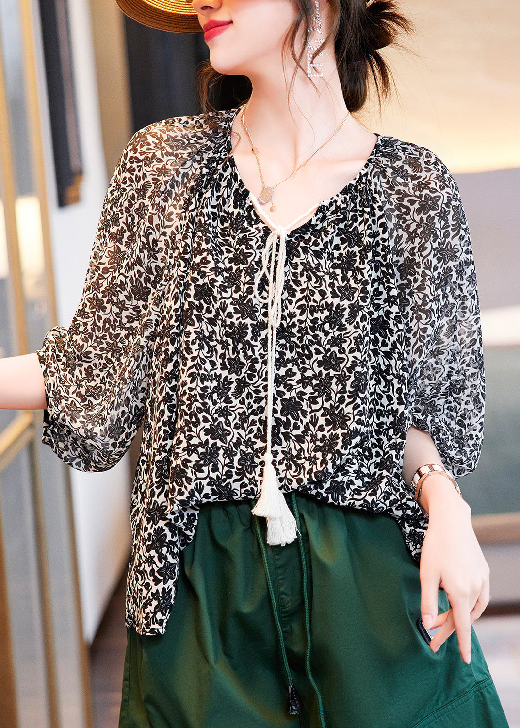 Black V Neck Print Chiffon Shirts Summer