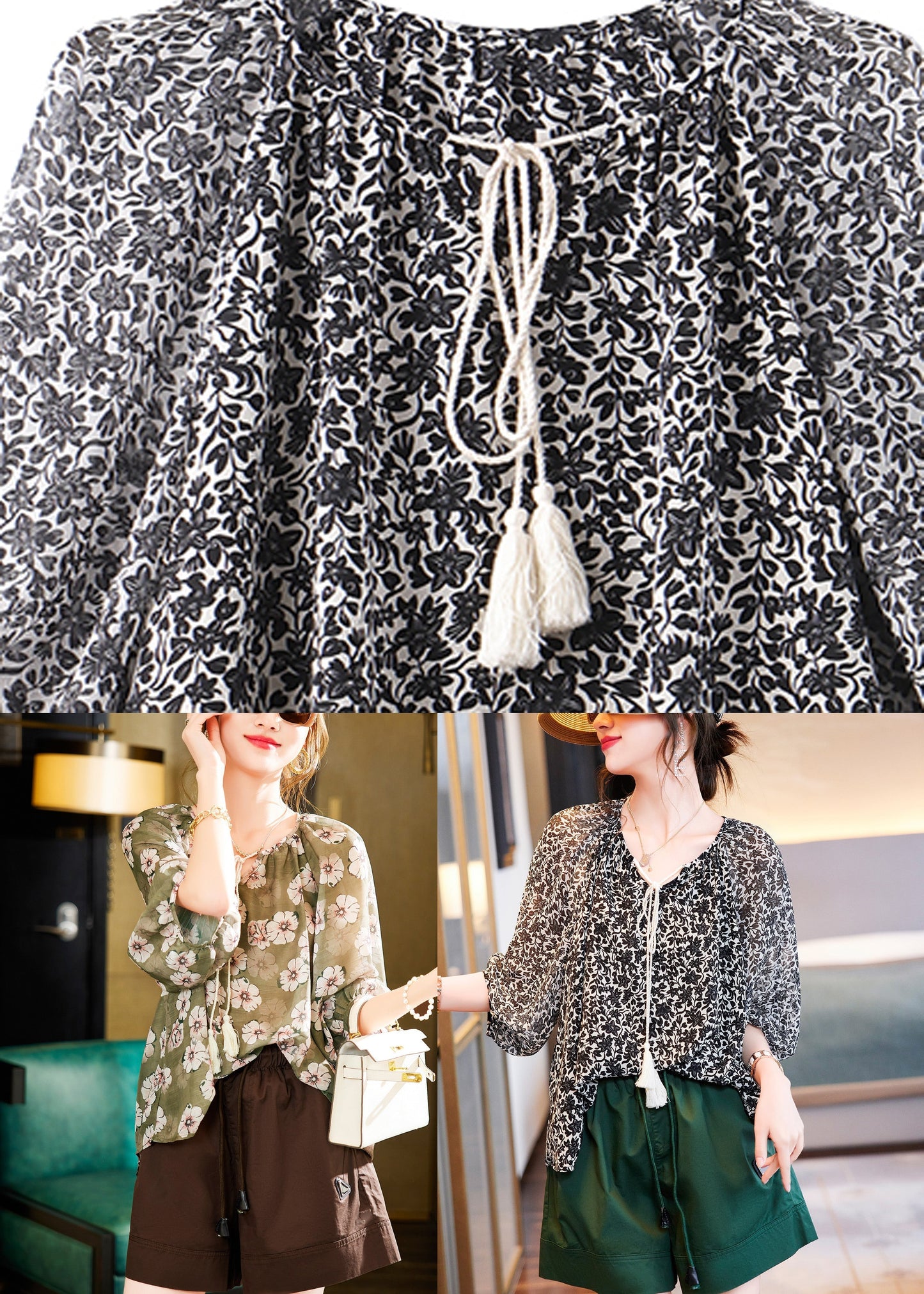 Black V Neck Print Chiffon Shirts Summer