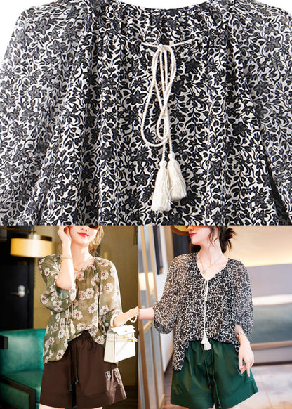 Black V Neck Print Chiffon Shirts Summer
