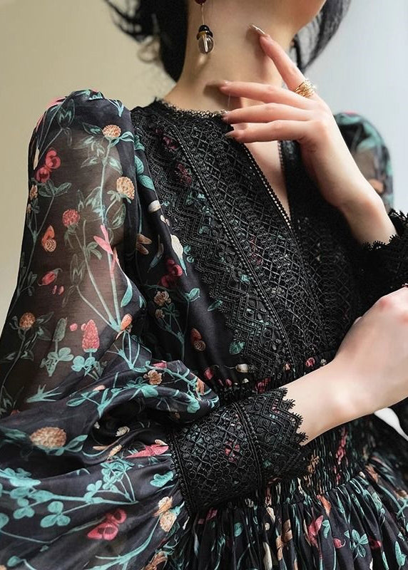 Black V Neck Print Lace Patchwork Chiffon Short Dress Long Sleeve