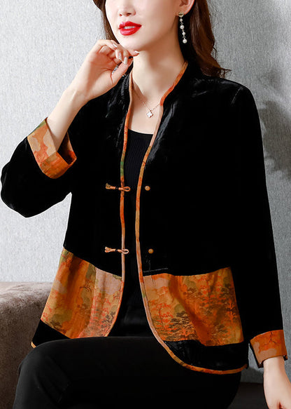 Black V Neck Print Patchwork Button Silk Velour Coats Fall