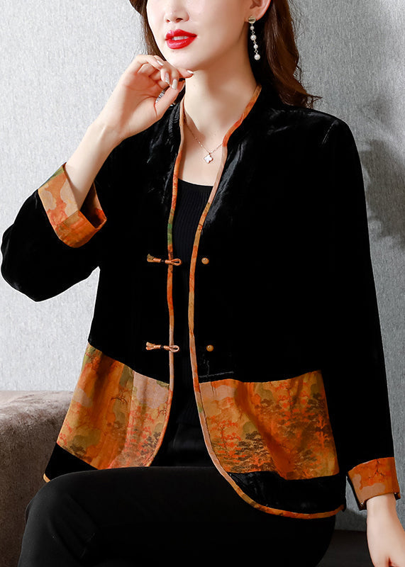 Black V Neck Print Patchwork Button Silk Velour Coats Fall