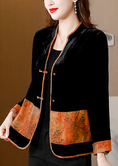 Black V Neck Print Patchwork Button Silk Velour Coats Fall