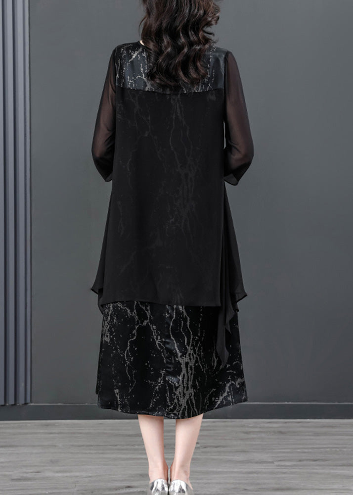 Black V Neck Print Patchwork Fake Two Pieces Satin Maxi Dress Summer
