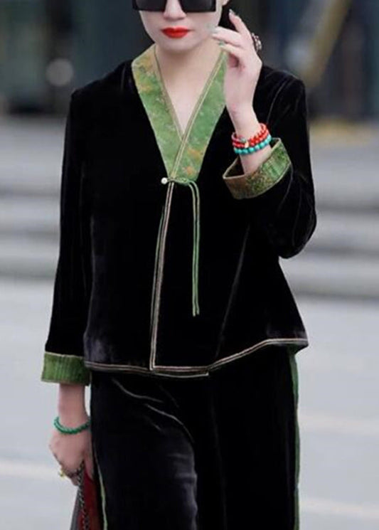 Black V Neck Print Patchwork Tassel Silk Velour Coat Long Sleeve