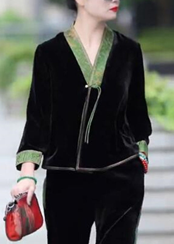 Black V Neck Print Patchwork Tassel Silk Velour Coat Long Sleeve