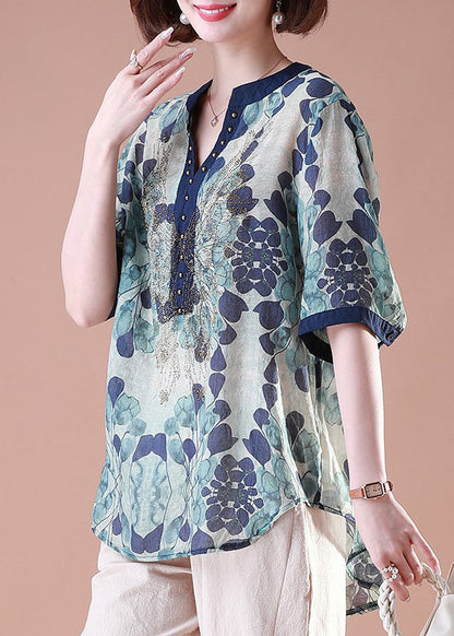 Black V Neck Print Rivet Chiffon Tops Summer