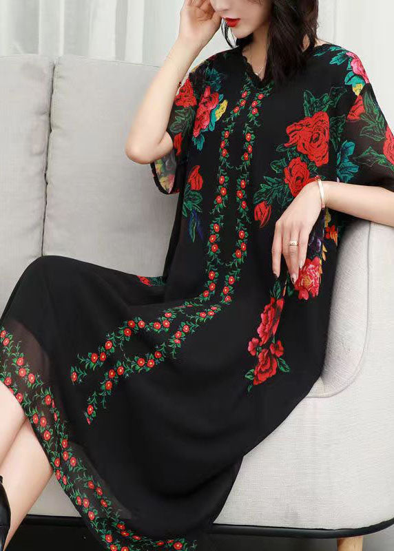 Black V Neck Rose Print Patchwork Chiffon Dresses Summer