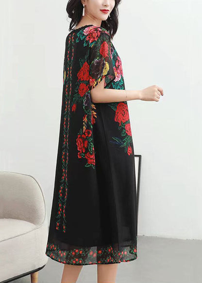 Black V Neck Rose Print Patchwork Chiffon Dresses Summer