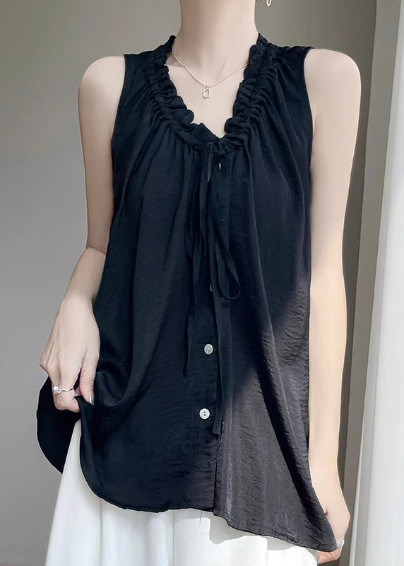 Black V Neck Ruffled Button Cotton Blouse Summer