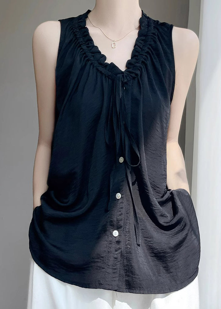 Black V Neck Ruffled Button Cotton Blouse Summer