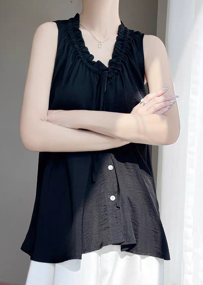 Black V Neck Ruffled Button Cotton Blouse Summer
