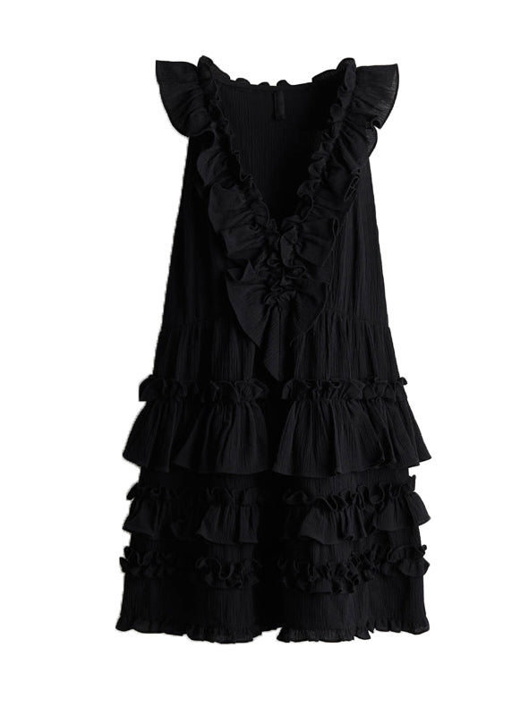 Black V Neck Ruffled Patchwork Cotton Dress Sleeveless