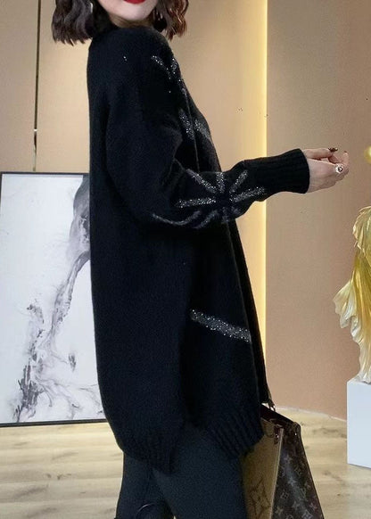 Black V Neck Sequins Oversized Long Knit Dress Winter