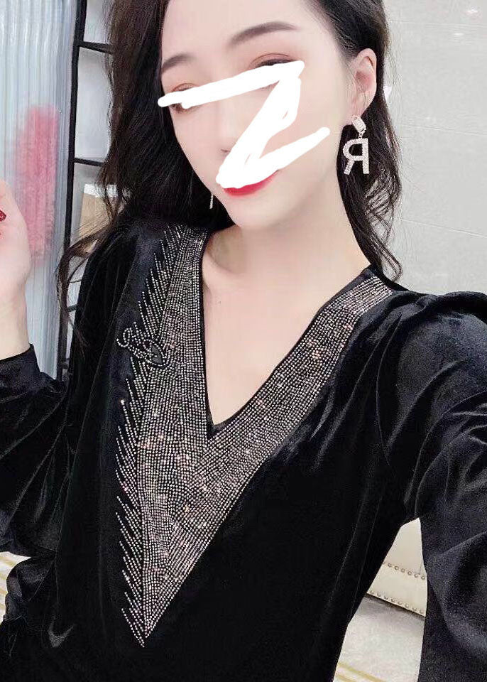 Black V Neck Sequins Silk Velour Top Long Sleeve