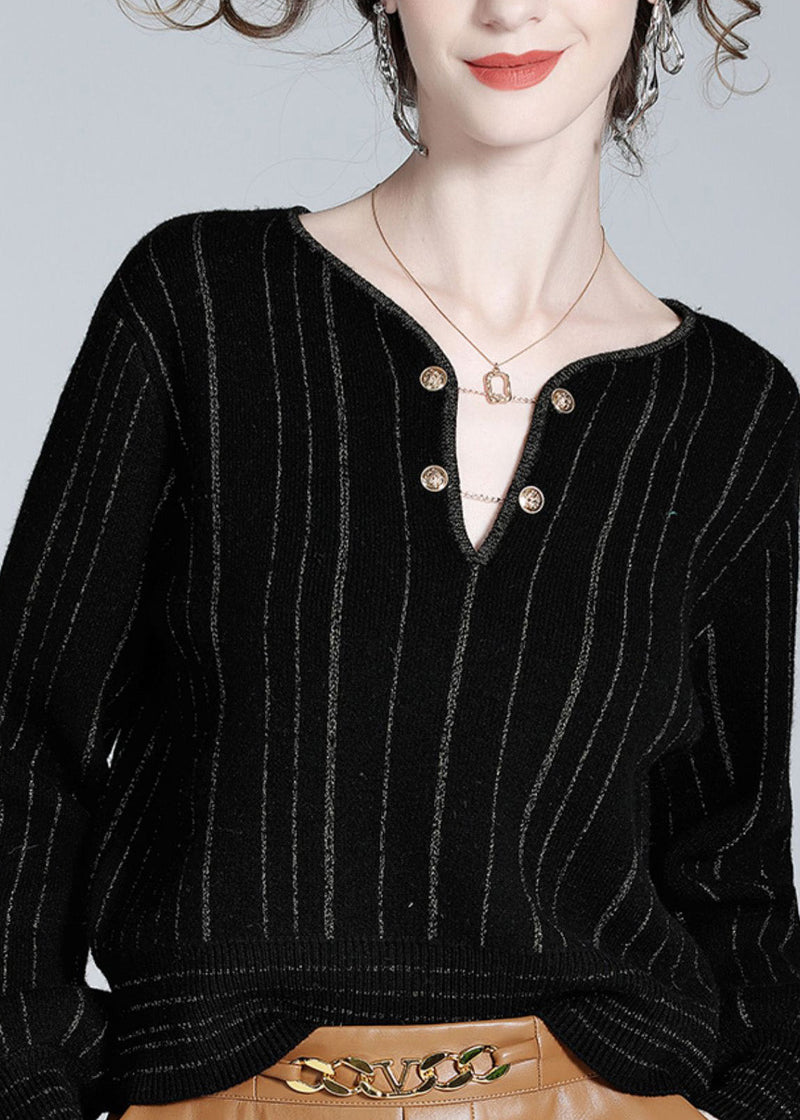 Black V Neck Striped Button Woolen Top Spring