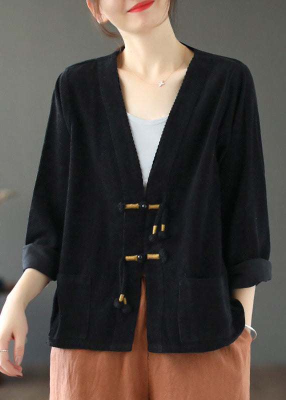 Black V Neck Tasseled Button Patchwork Corduroy Coat Fall