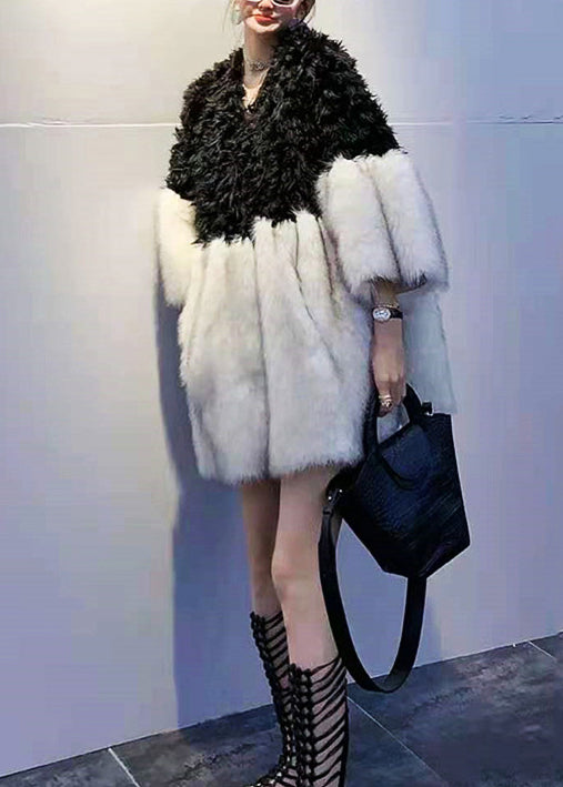 Black V Neck Teddy Faux Fur Patchwork Wool Coats Spring