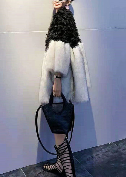 Black V Neck Teddy Faux Fur Patchwork Wool Coats Spring