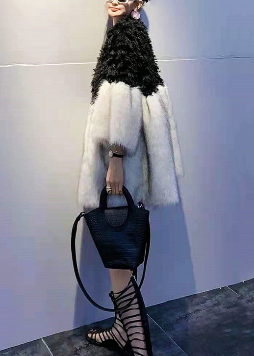 Black V Neck Teddy Faux Fur Patchwork Wool Coats Spring