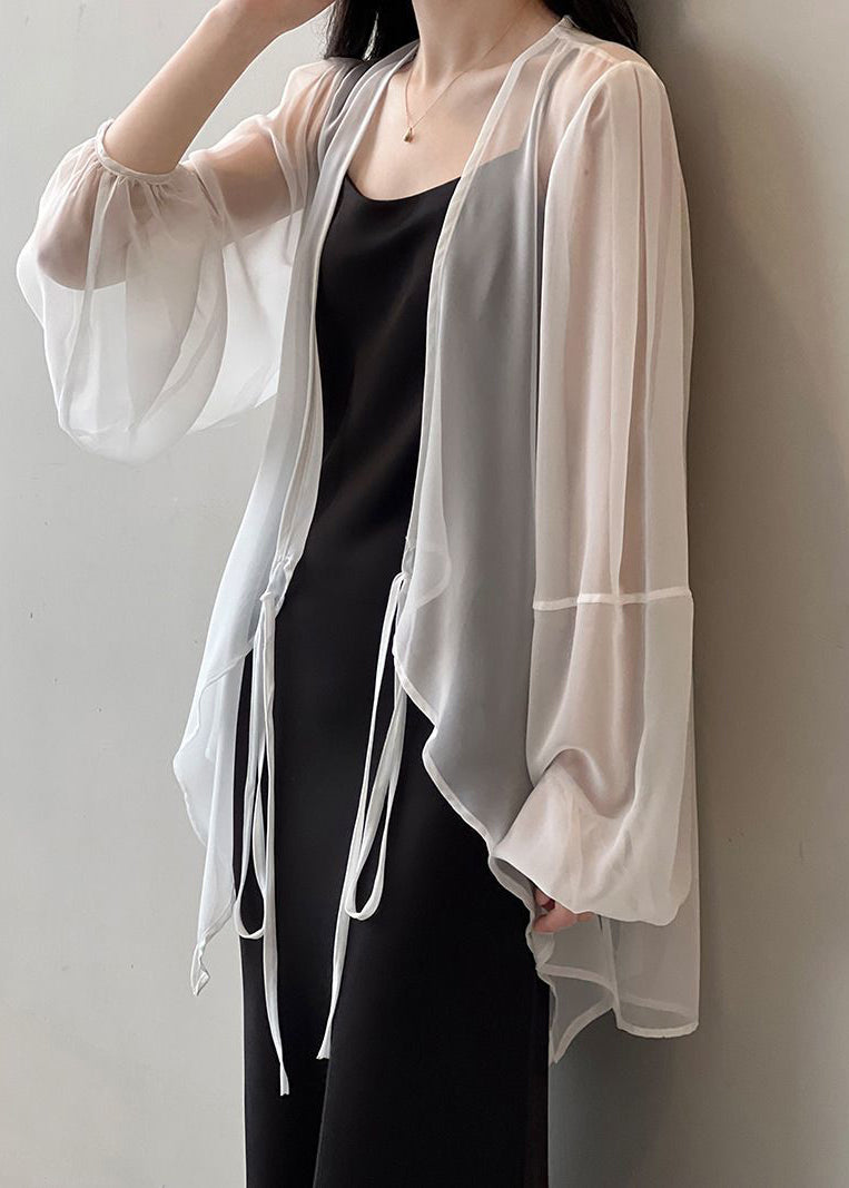 Black V Neck Tie Waist Chiffon Upf 50+ Cardigan Summer