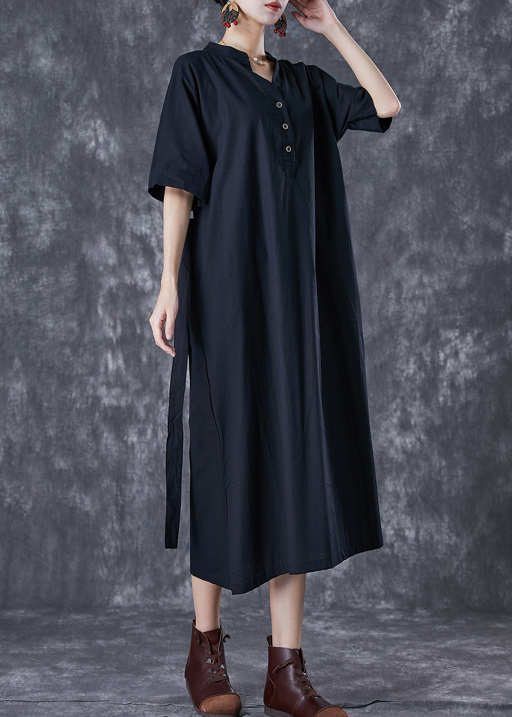 Black V Neck Tie Waist Cotton Holiday Dress Summer
