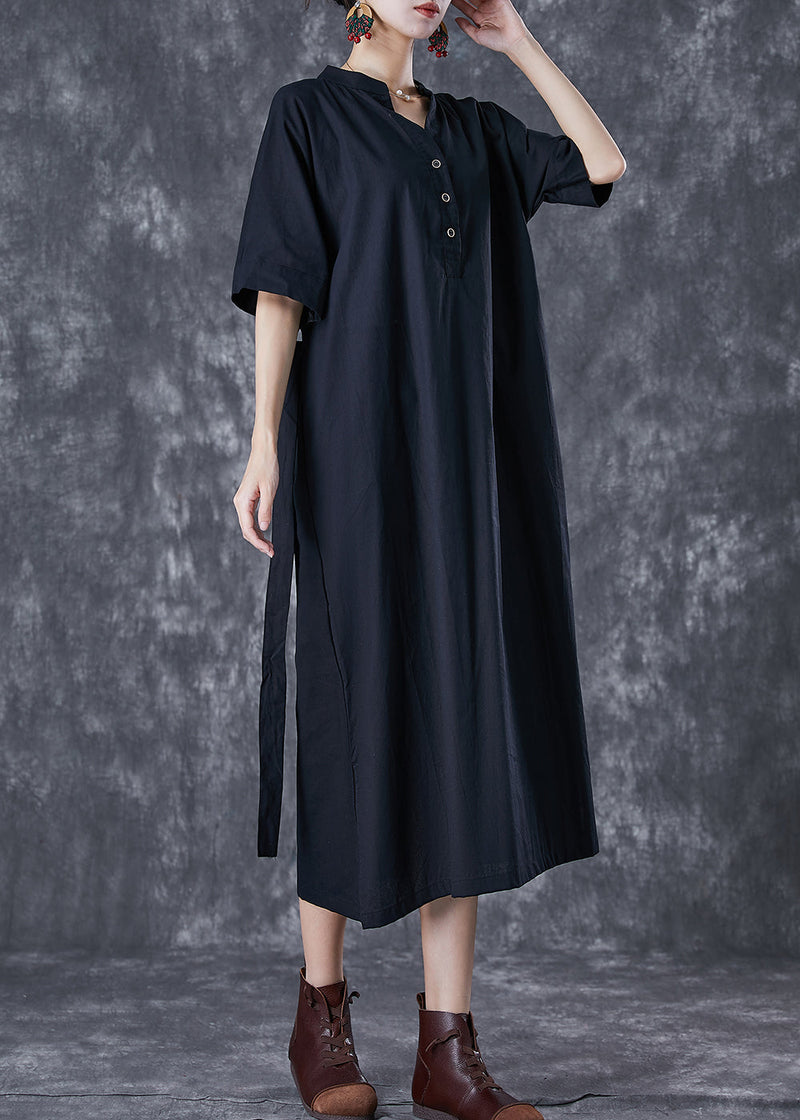 Black V Neck Tie Waist Cotton Holiday Dress Summer