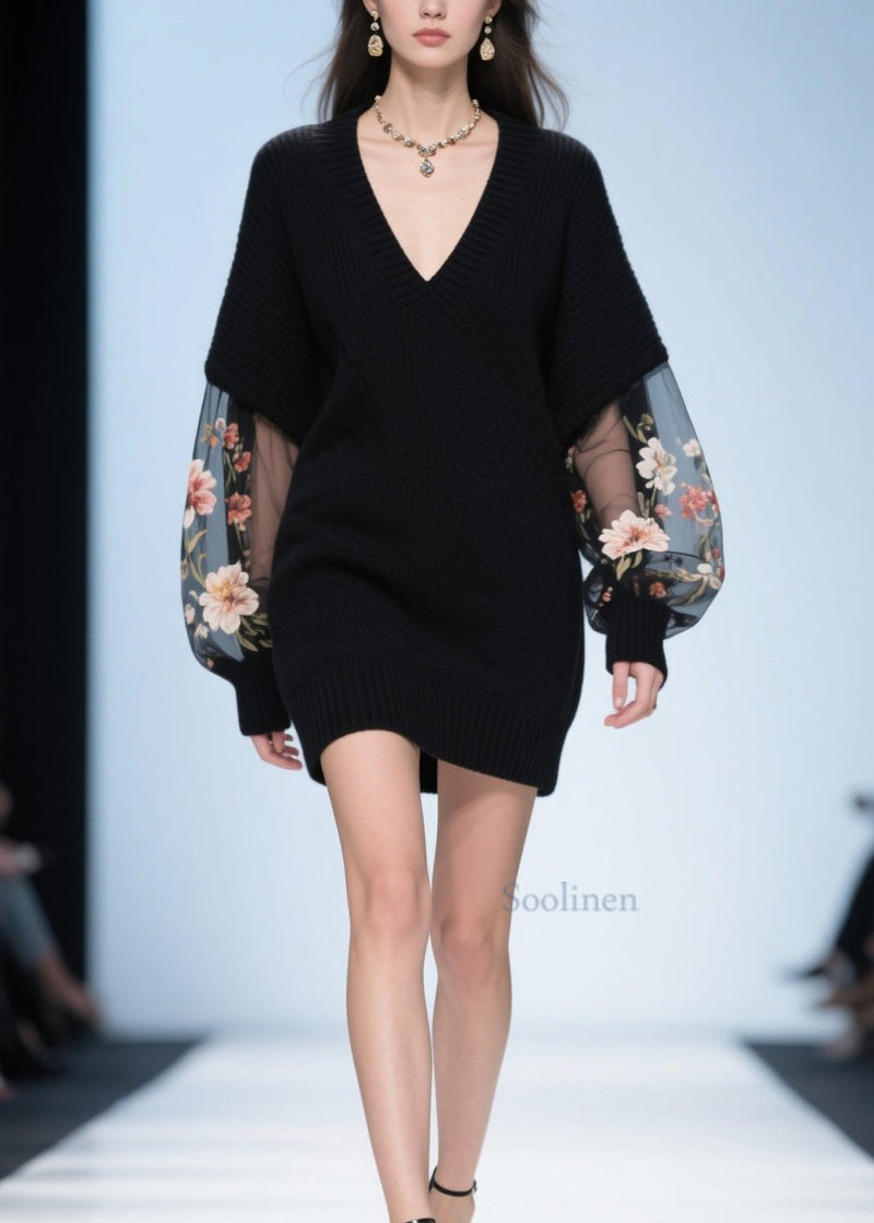 Black V Neck Tulle Patchwork Knit Sweater Fall