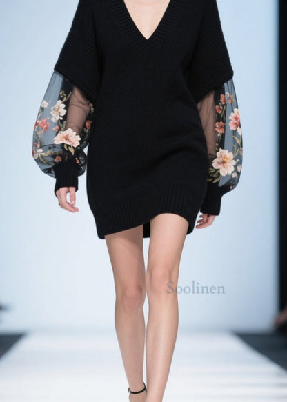 Black V Neck Tulle Patchwork Knit Sweater Fall