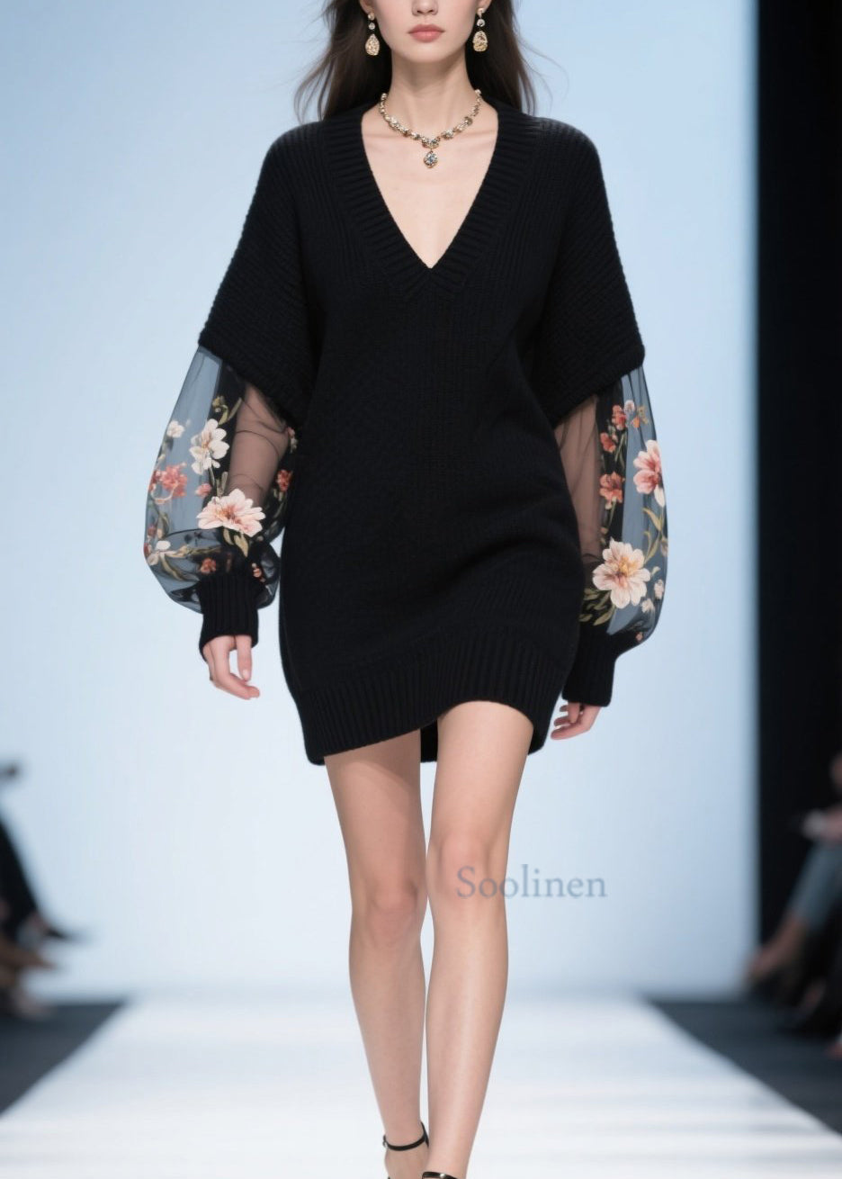Black V Neck Tulle Patchwork Knit Sweater Fall