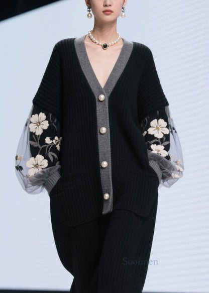 Black V Neck Tulle Patchwork Knit Cardigans Fall
