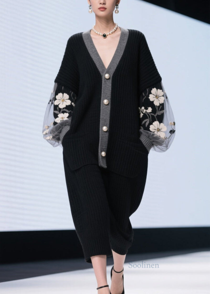 Black V Neck Tulle Patchwork Knit Cardigans Fall