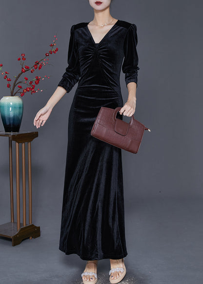 Black V Neck Wrinkled Silk Velour Holiday Dress Fall