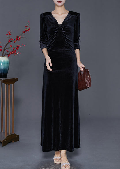 Black V Neck Wrinkled Silk Velour Holiday Dress Fall