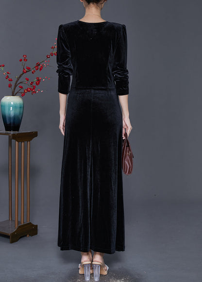Black V Neck Wrinkled Silk Velour Holiday Dress Fall