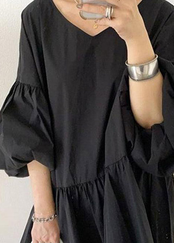 Black V Neck Wrinkled Shirts Lantern Sleeve