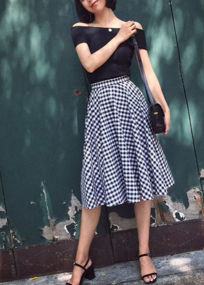 Black White Plaid High Waist Cotton a Line Skirts Spring