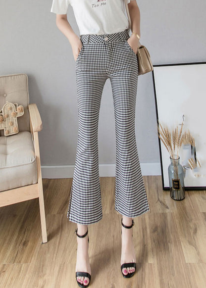 Black White Plaid High Waist Side Open Button Crop Pants Spring