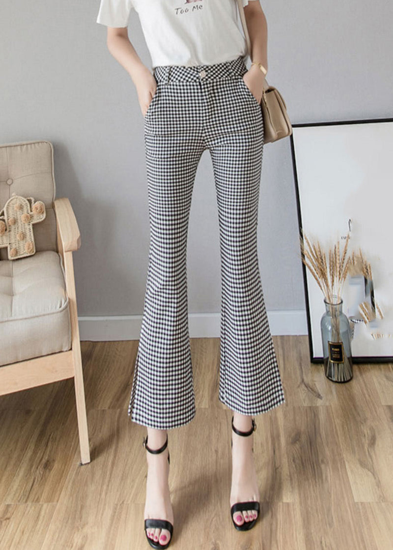 Black White Plaid High Waist Side Open Button Crop Pants Spring
