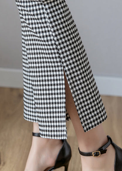 Black White Plaid High Waist Side Open Button Crop Pants Spring