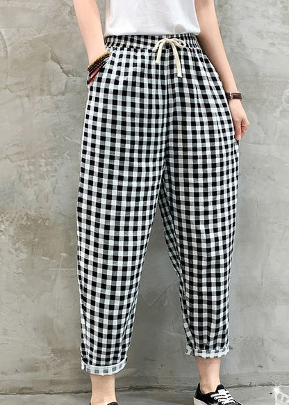 Black White Plaid Tie Waist Crop Beam Pants