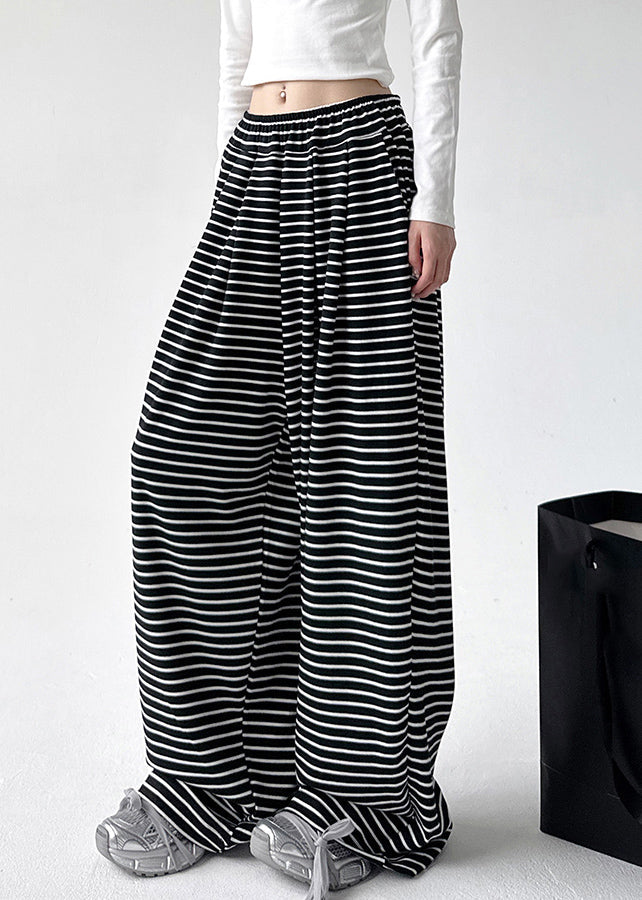 Black White Striped Elastic Waist Wide Leg Pants Spring