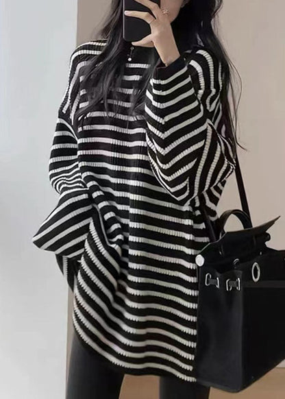 Black White Striped O-neck Cozy Mid Knit Sweater Fall