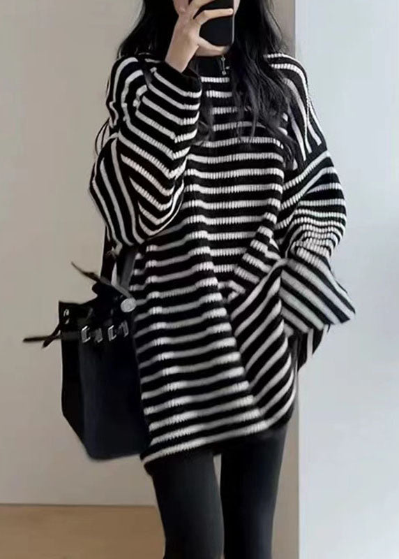Black White Striped O-neck Cozy Mid Knit Sweater Fall